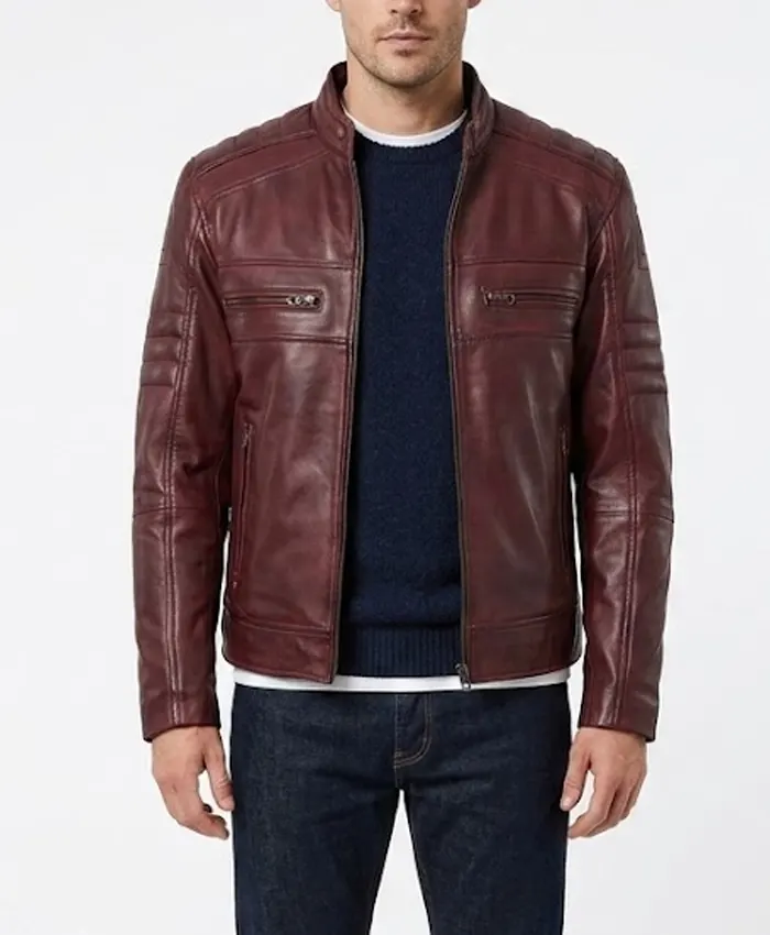 Mens Real Leather Biker Style Burgundy Jacket