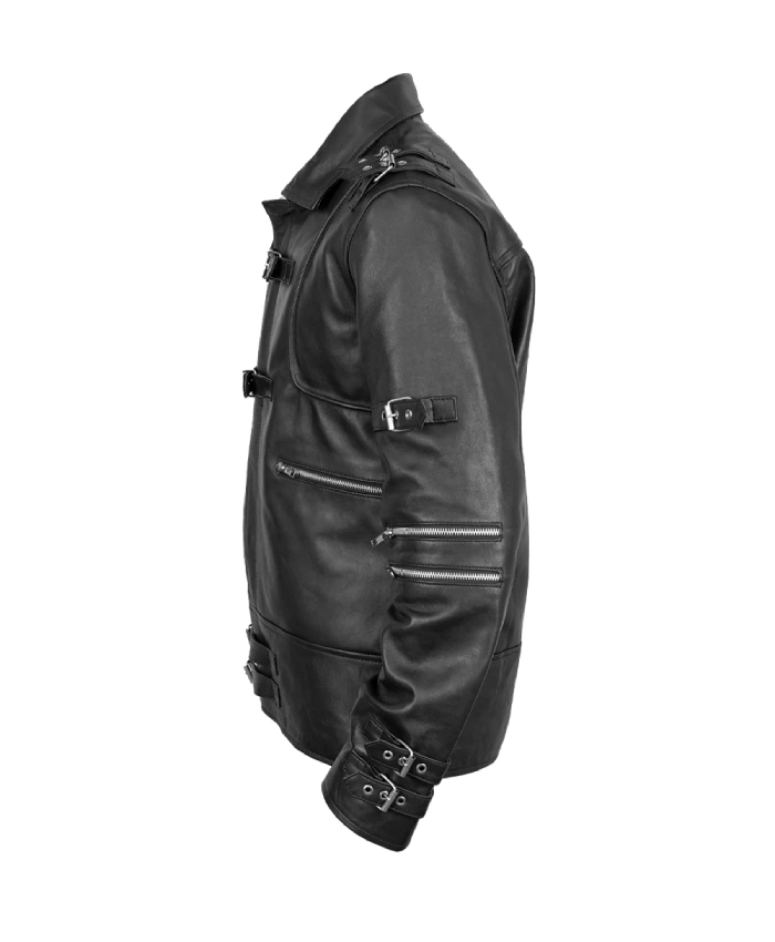 Jaafar Jackson black leather jacket featuring long belted sleeves