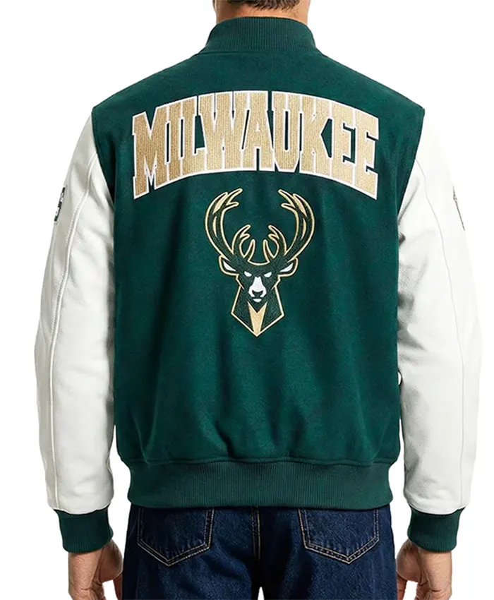 Milwaukee Bucks City Arch Green and White Varsity Jacket Back