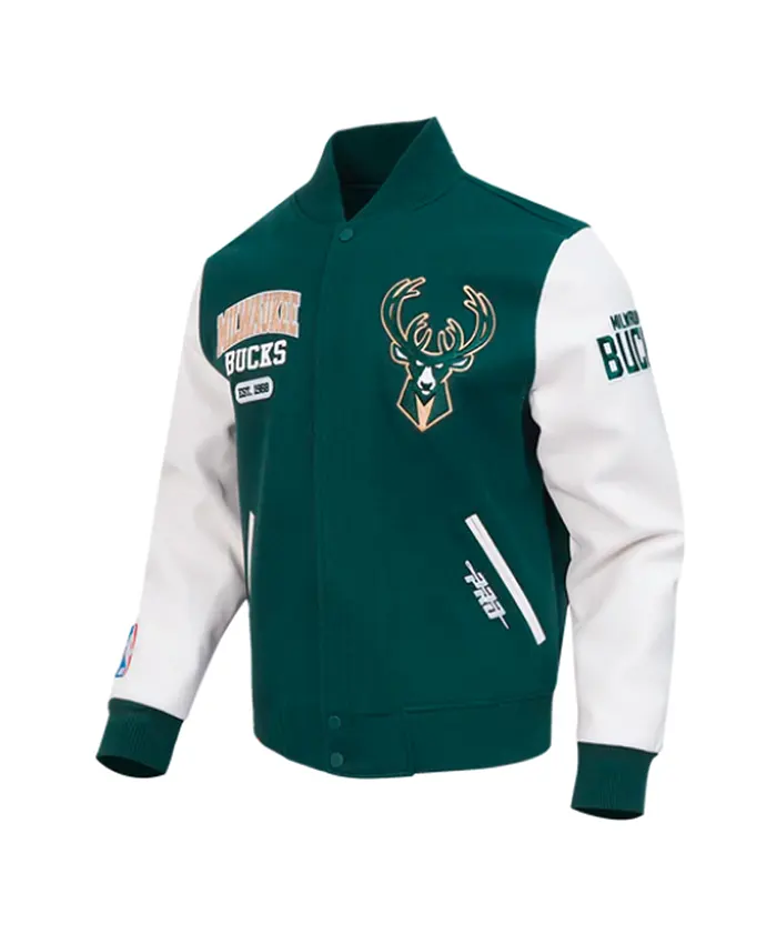 Milwaukee Bucks City Arch Green and White Varsity Jacket Side