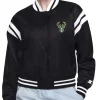 Milwaukee Bucks Printed Logo Black Varsity Satin Jacket