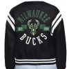 Milwaukee Bucks Printed Logo Black Varsity Satin Jacket Back