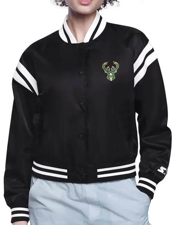 Milwaukee Bucks Printed Logo Black Varsity Satin Jacket
