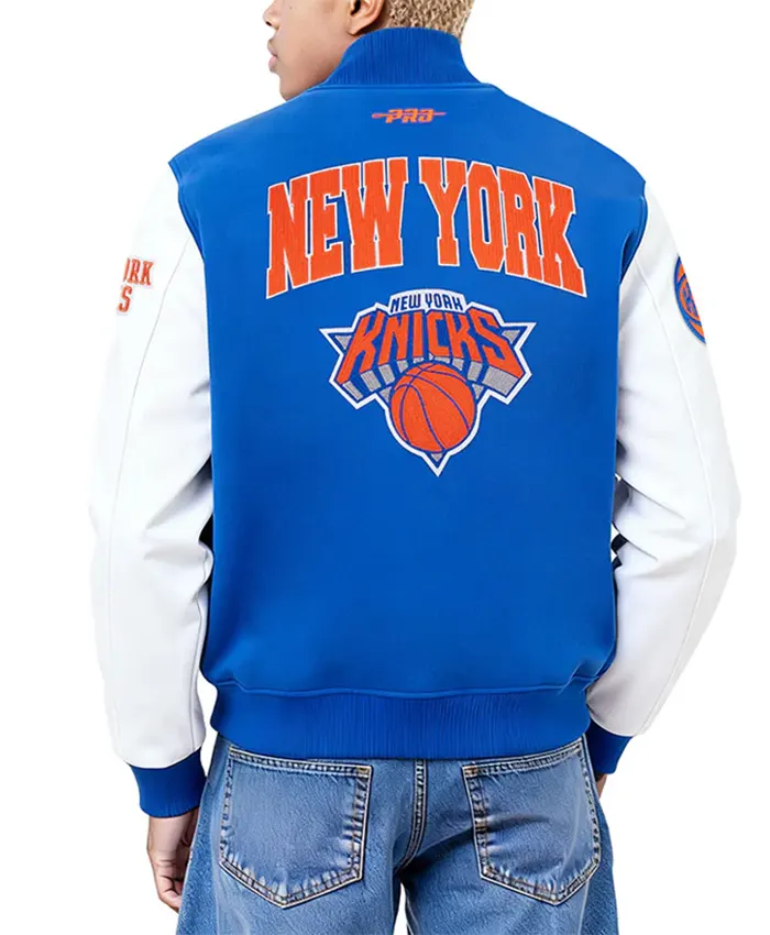 NY Knicks City Arch Royal and White Varsity Jacket Back