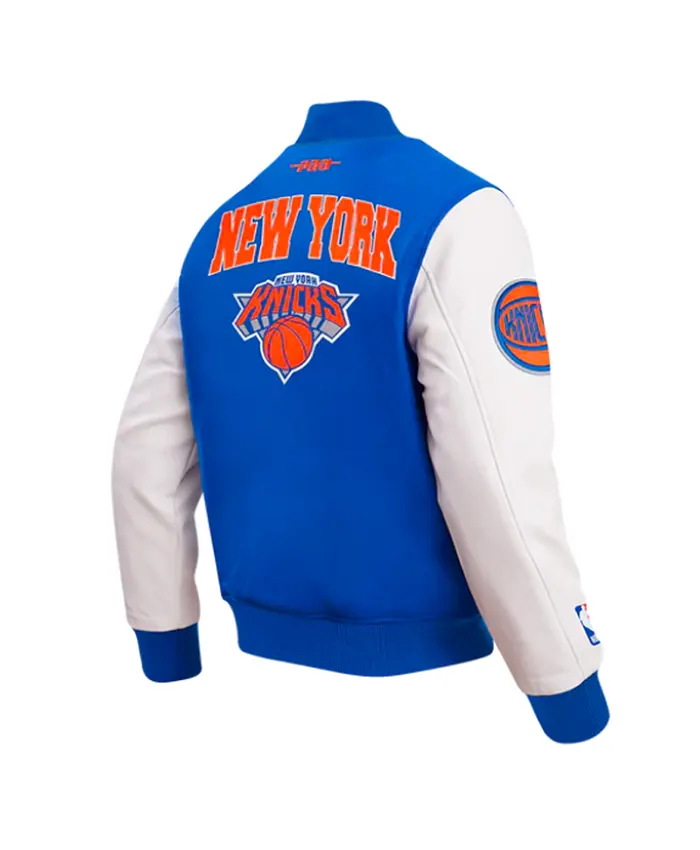 NY Knicks City Arch Royal and White Varsity Jacket For Sale
