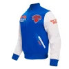 NY Knicks City Arch Royal and White Varsity Jacket Side