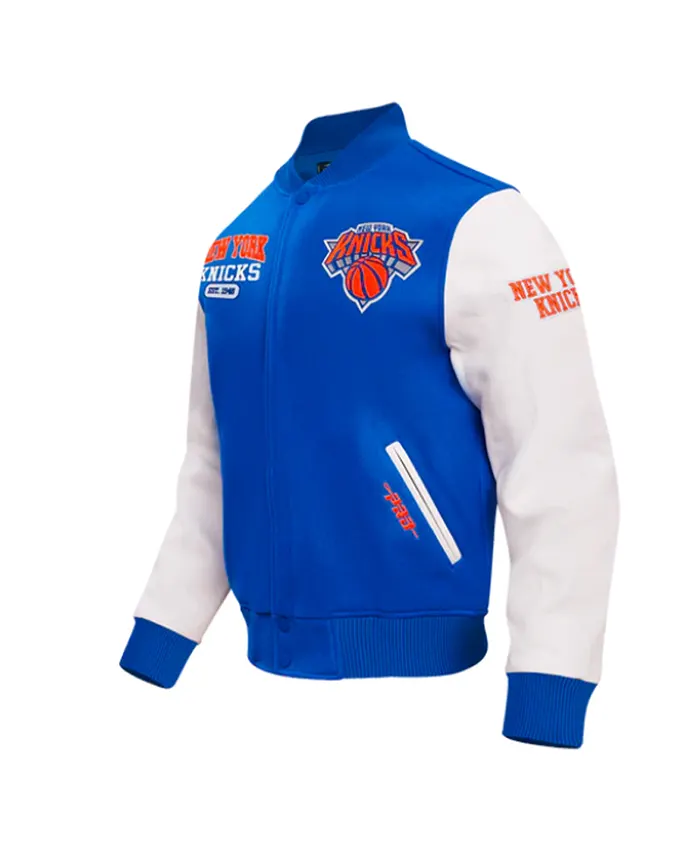NY Knicks City Arch Royal and White Varsity Jacket Side