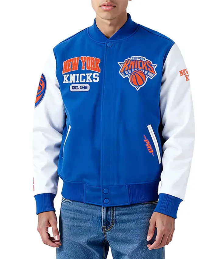 NY Knicks City Arch Royal and White Varsity Jacket