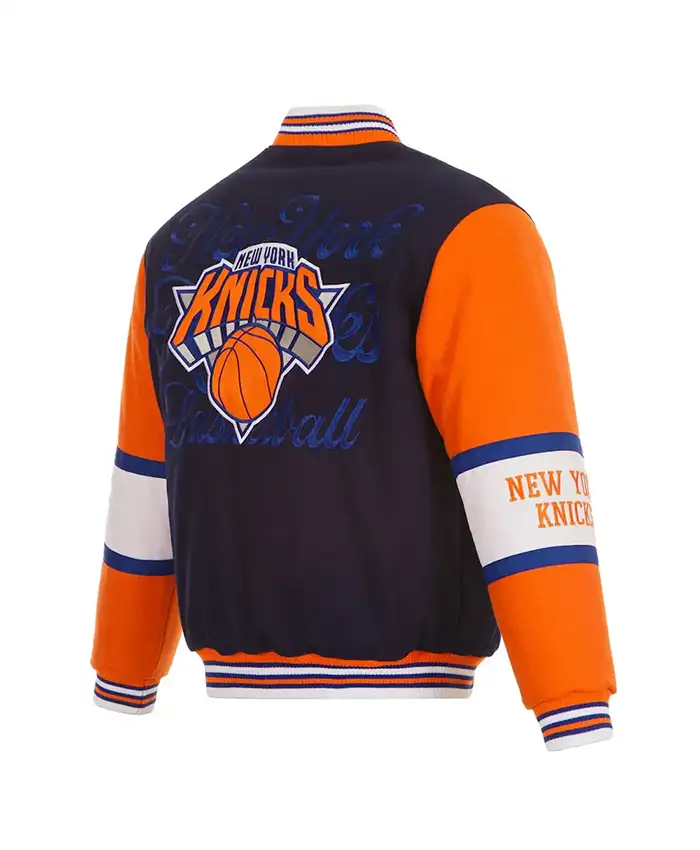NY Knicks Navy Blue & Orange Letterman Jacket Back