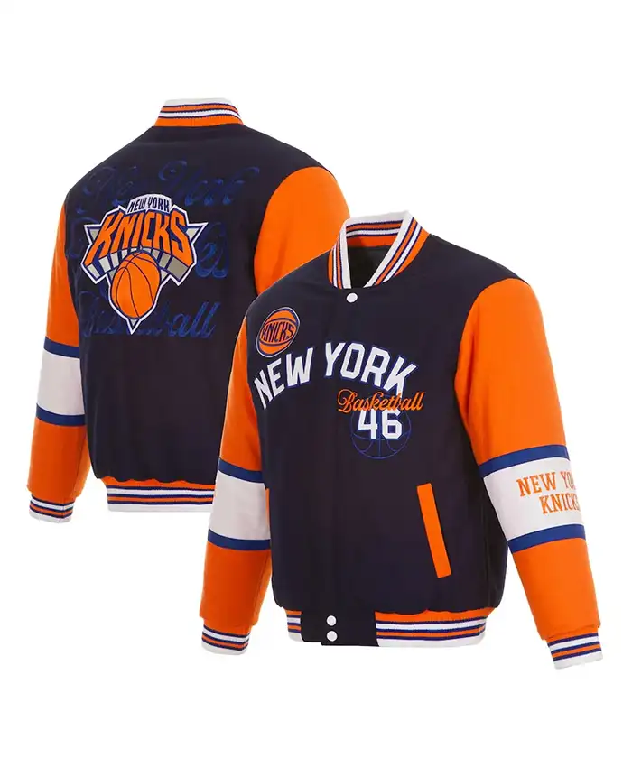 NY Knicks Navy Blue & Orange Letterman Jacket For Sale