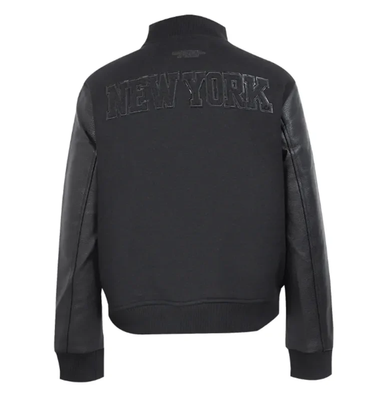 NY Knicks Triple Black Varsity Wool-Leather Jacket Back