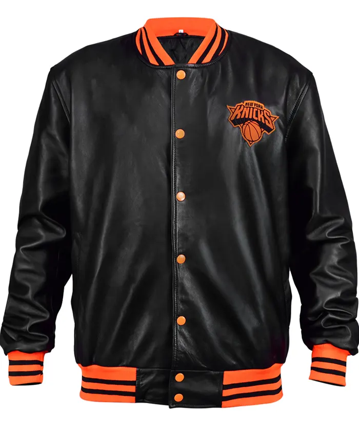 New York Knicks Black And Orange Leather Varsity Jacket