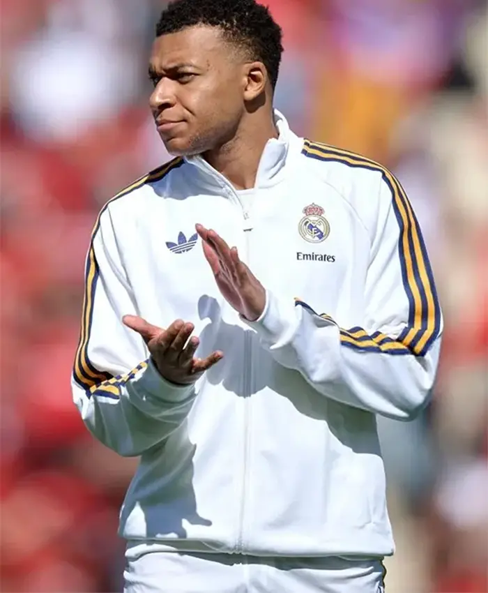 White football track jacket with stand-up collar