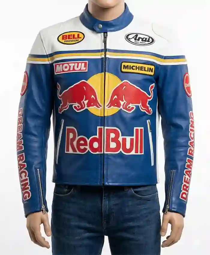 Red Bull F1 Inspired Leather Biker Jacket Front
