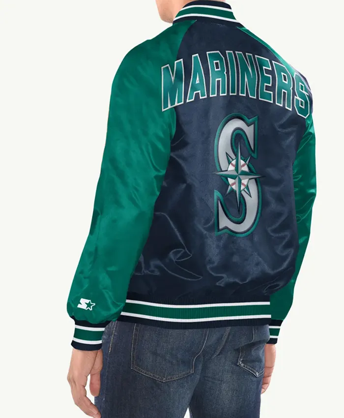 Seattle Mariners Inductee Full Snap Navy Aqua Satin Varsity Jacket