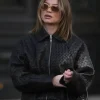 Sophia Geiss Woven Texture Black Leather Jacket for Women Front