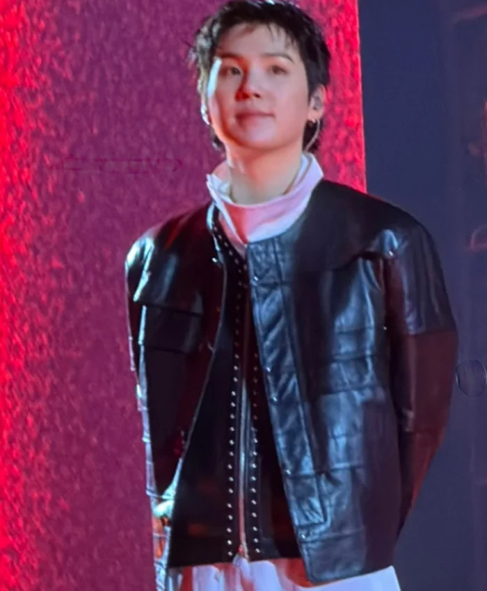 BTS Suga black leather jacket from The Come Back Live