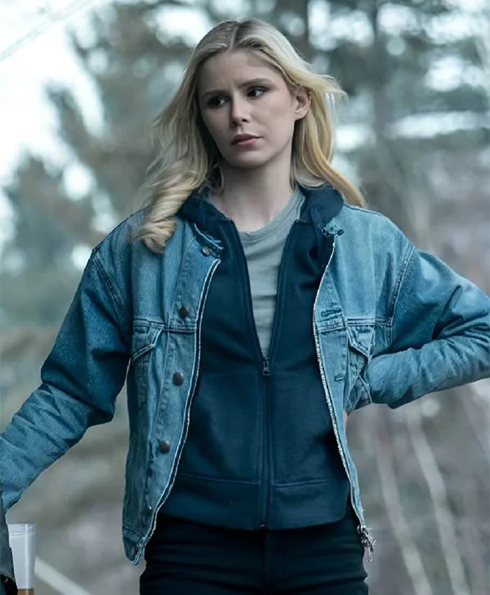Erin Moriarty buttoned blue denim jacket