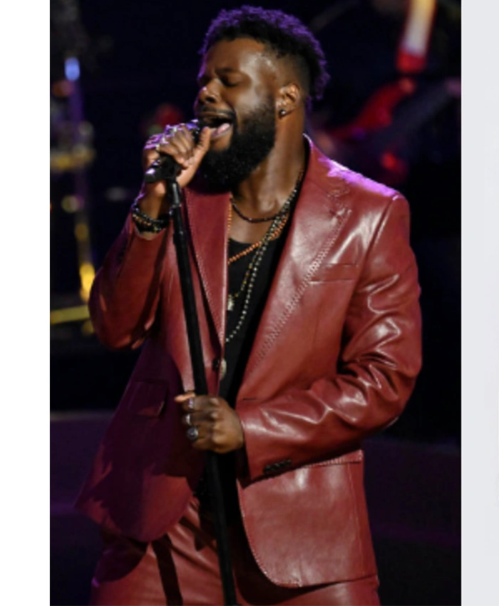 Moses G maroon leather blazer from The Voice