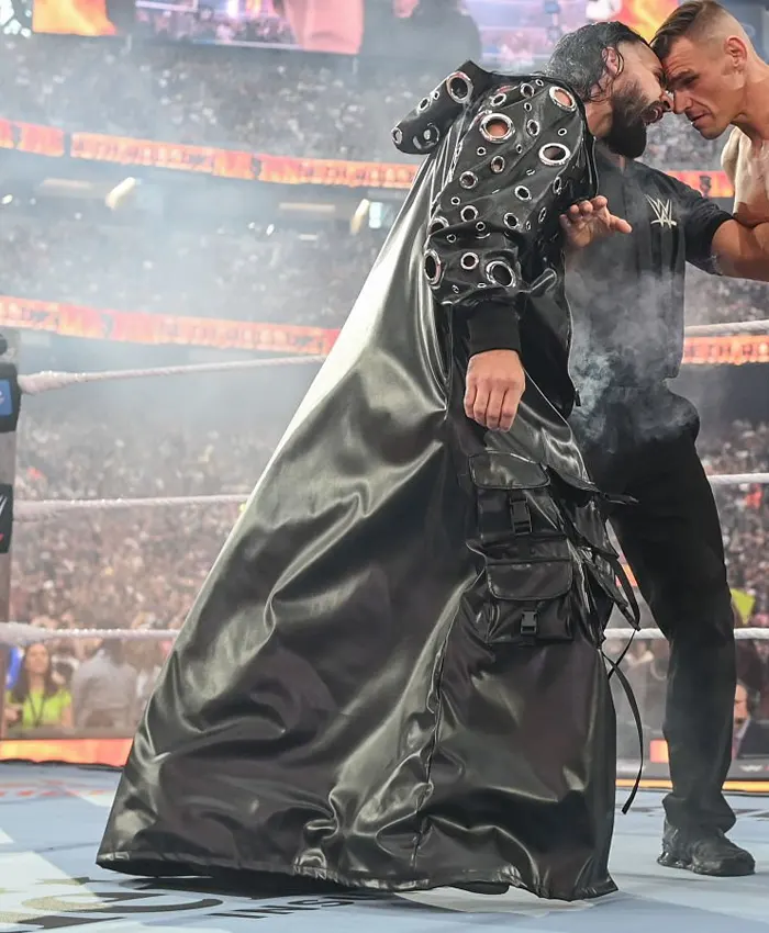 WWE 2026 WrestleMania 42 Seth Rollins Black Leather Hooded Long Coat Back