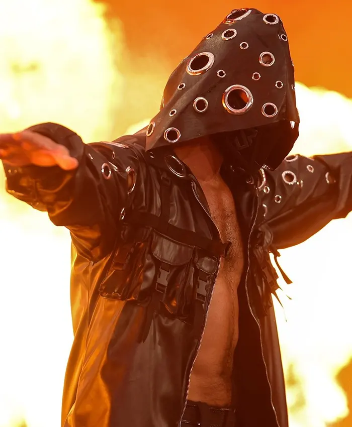 WWE 2026 WrestleMania 42 Seth Rollins Black Leather Hooded Long Coat Closeup