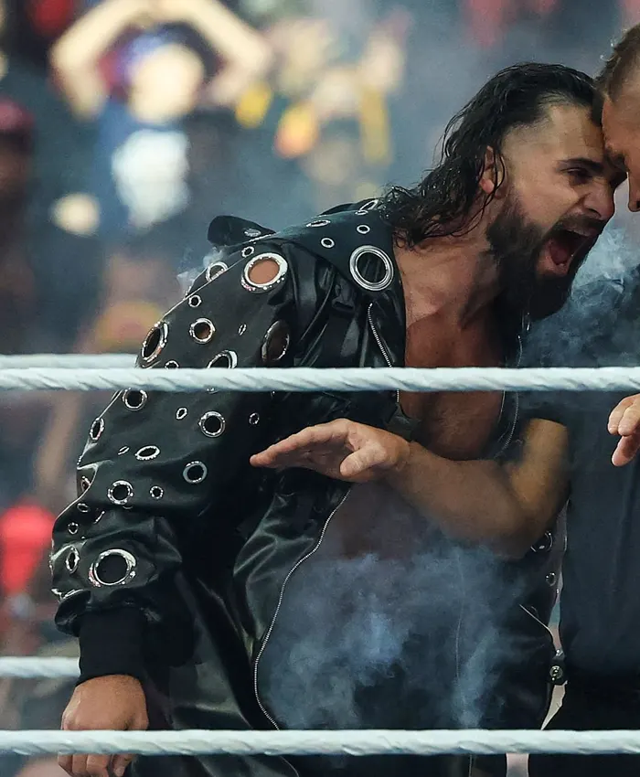 WWE 2026 WrestleMania 42 Seth Rollins Black Leather Hooded Long Coat with Grommets