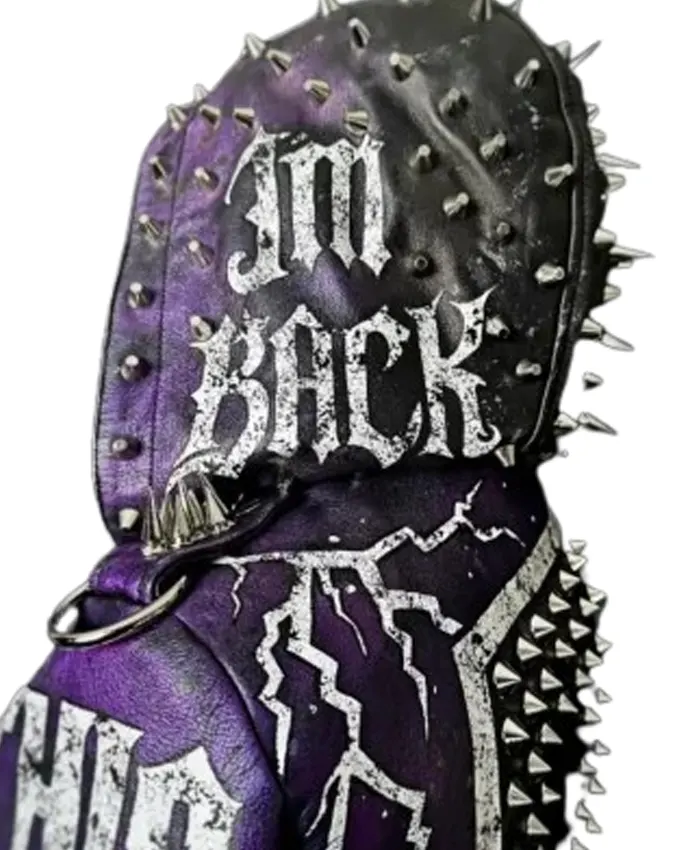 WWE 2026 Wrestlemania 42 Paige Black and Purple Leather Studded Return Jacket Side Pose