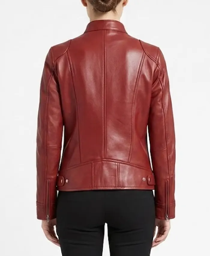 Womens Real Leather Red Biker Style Jacket Back