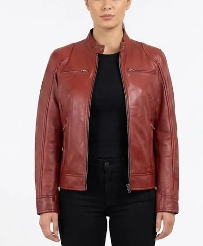 Womens Real Leather Red Biker Style Jacket