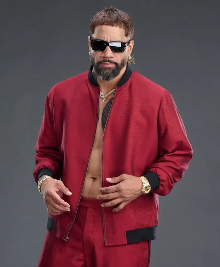 WrestleMania 42 Jey Uso Red Bomber Jacket closeup