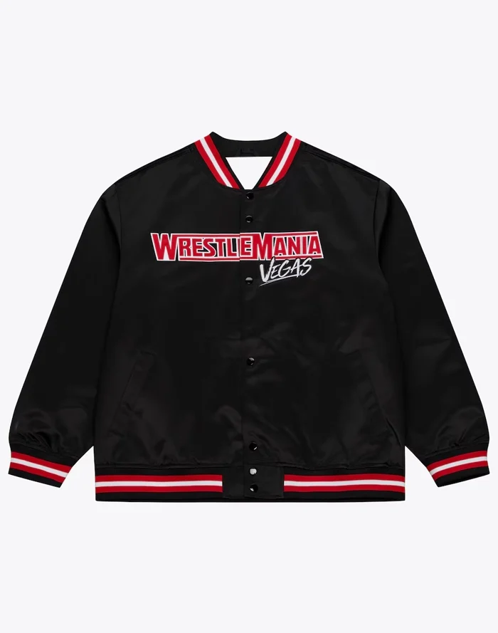 WrestleMania Las Vegas 42 Mitchell & Ness Black Satin Jacket front