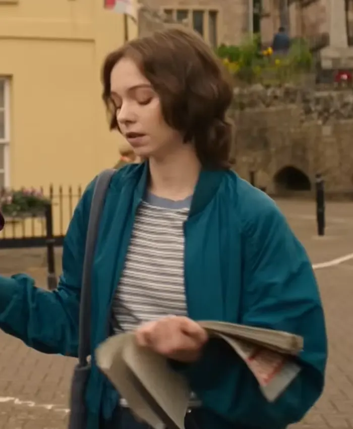 A Good Girl’s Guide to Murder Emma Myers Blue Bomber Jacket For Sale