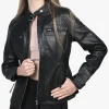 Johnson Women Moto Black Cafe Racer Leather Jacket For Sale