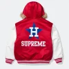 MLB x NBA Supreme Red and White Satin Varsity Fur Hooded Jacket
