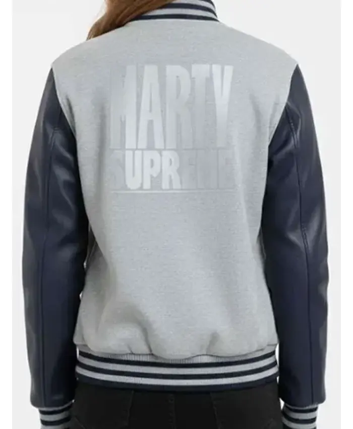 Marty Supreme Grey and Navy Blue Varsity Jacket For Sale