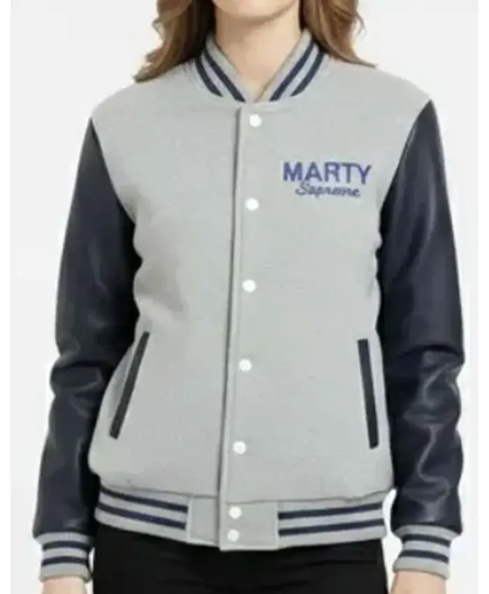Marty Supreme Grey and Navy Blue Varsity Jacket