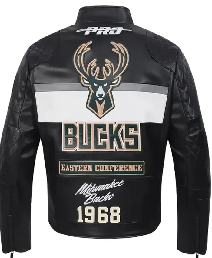 Milwaukee Bucks Moto Black Leather Jacket Back