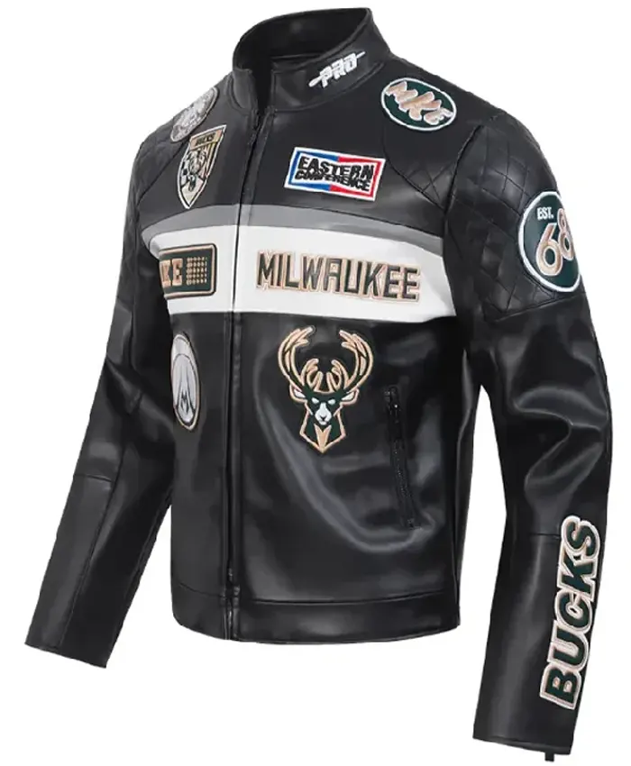 Milwaukee Bucks Moto Black Leather Jacket Side