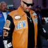 NY Knicks Fat Joe Orange and Black Leather Jacket Front