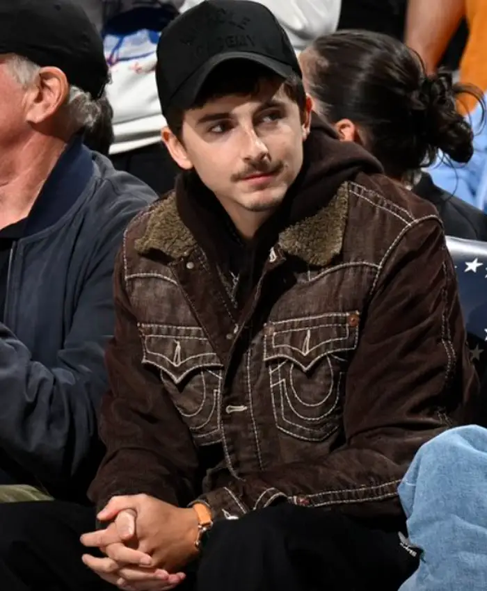 Timothee Chalamet Knicks v 76ers Game Brown Jacket For Sale