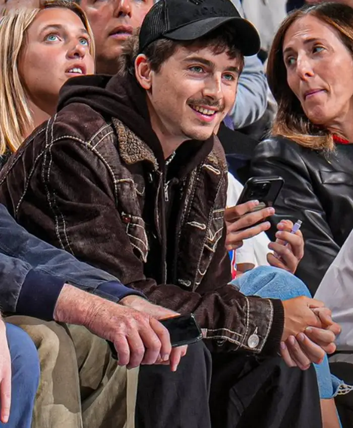 Timothee Chalamet Knicks v 76ers Game Brown Jacket