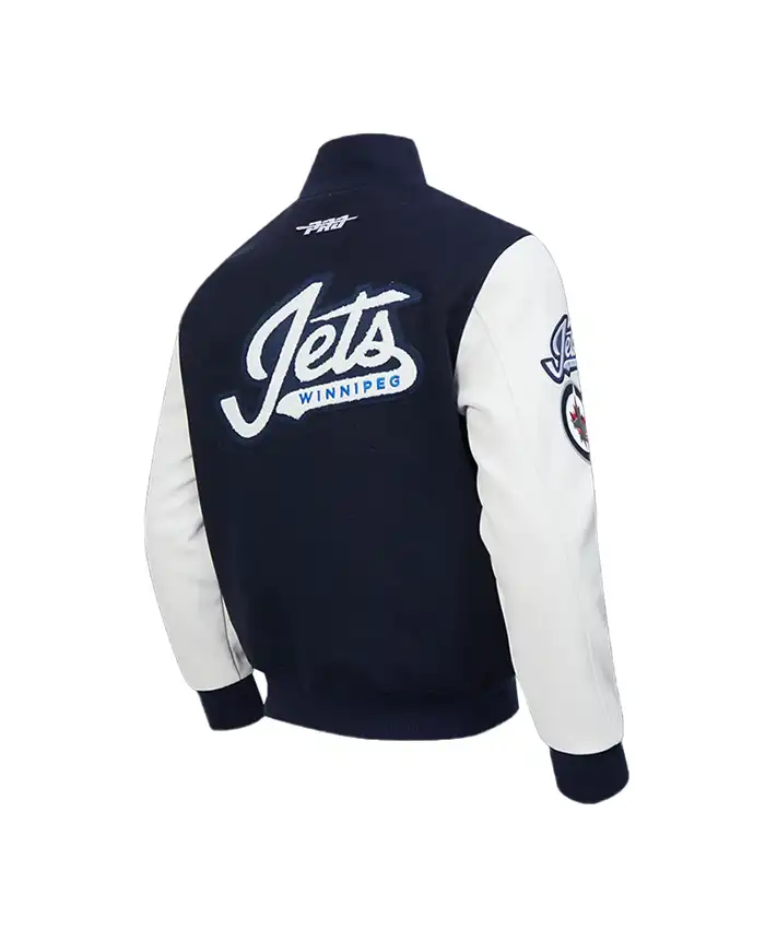 Winnipeg Jets Classic Navy and White Varsity Jacket Back