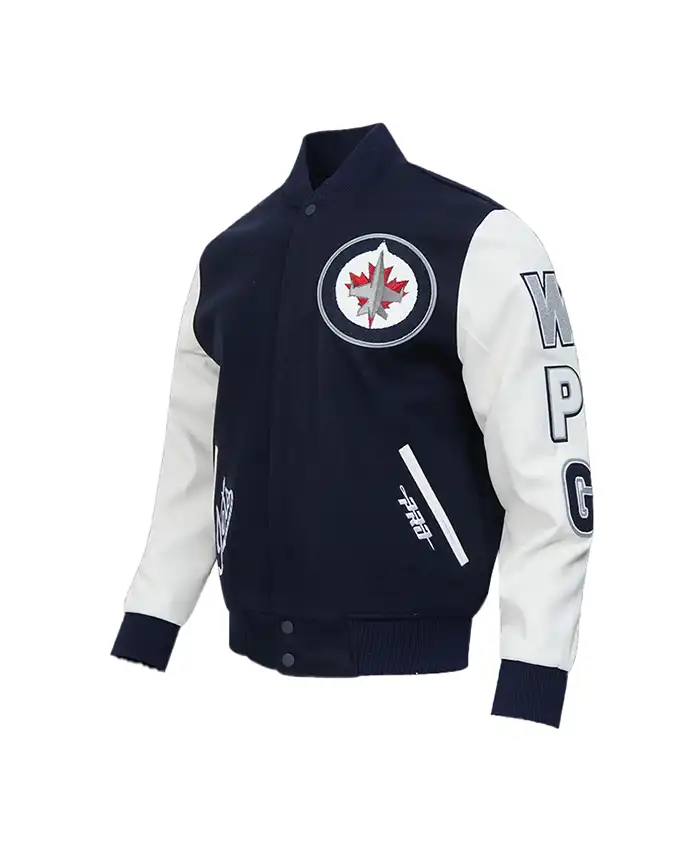 Winnipeg Jets Classic Navy and White Varsity Jacket Front