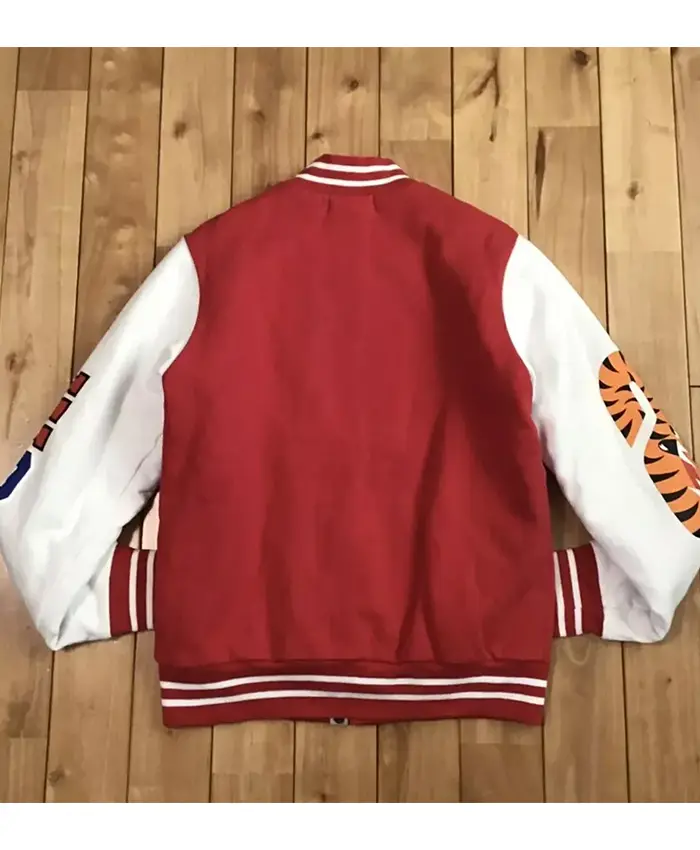 Bape Shark Sweat Red and White Varsity Jacket For Sale
