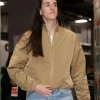 Caitlin Clark Tan Brown Bomber Jacket Front