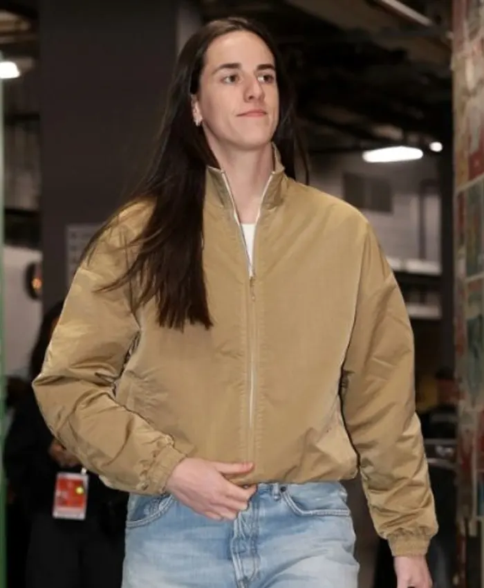 Caitlin Clark Tan Brown Bomber Jacket Front