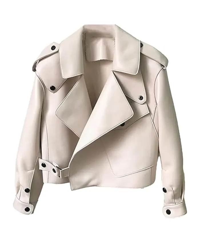Celebs Go Dating S15 Gabby Allen Beige Biker Jacket Front