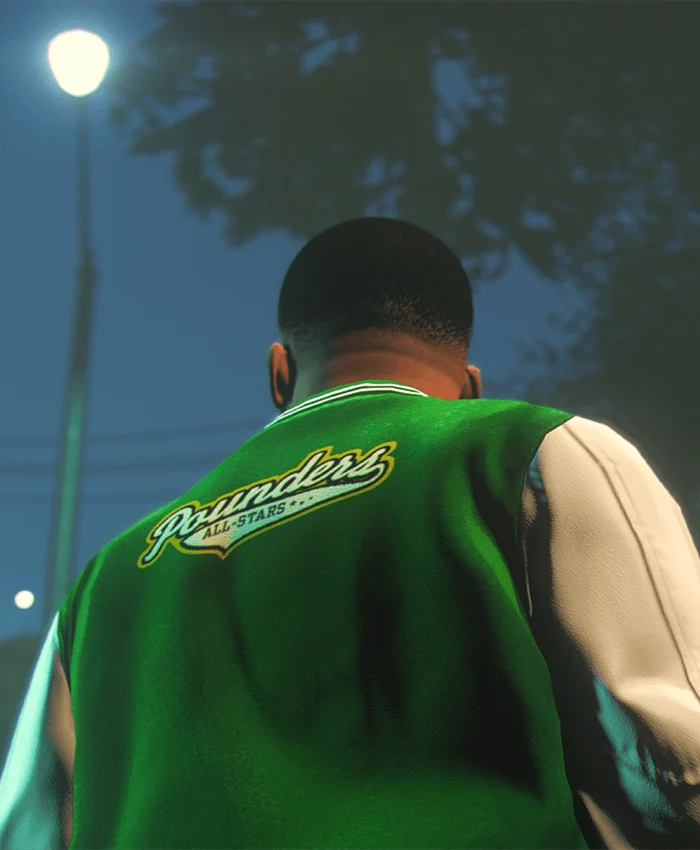 GTA 5 Franklin Adamim Green and White Varsity Jacket Back