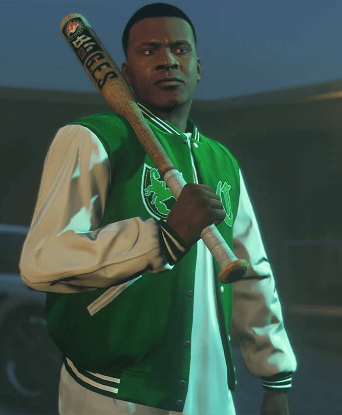 GTA 5 Franklin Adamim Green and White Varsity Jacket For Sale