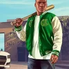 GTA 5 Franklin Adamim Green and White Varsity Jacket Front